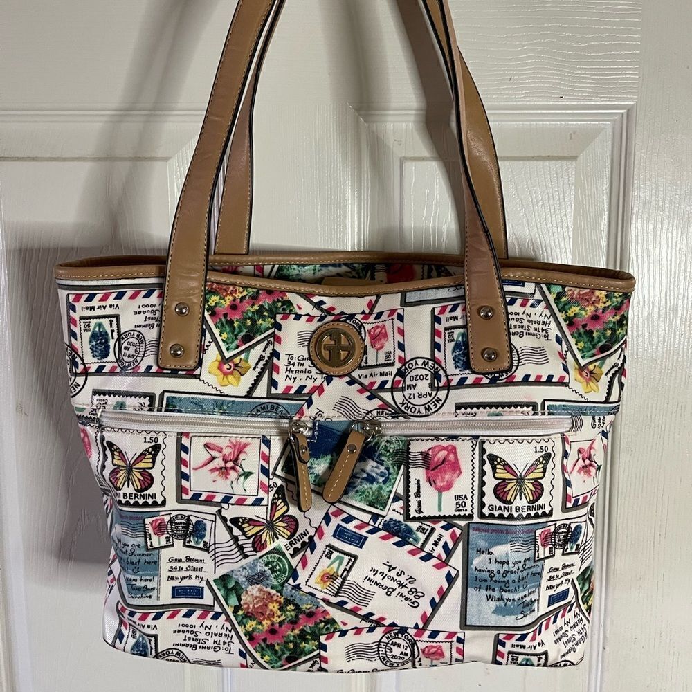 GianiBernini  postcards oil canvas medium tote bag with tan faux leather trims